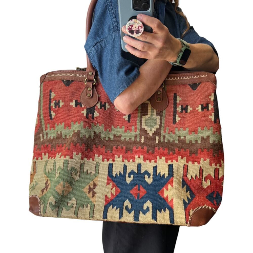 1990s Southwestern Kilim Oversized Weekender Tote Leather Trim